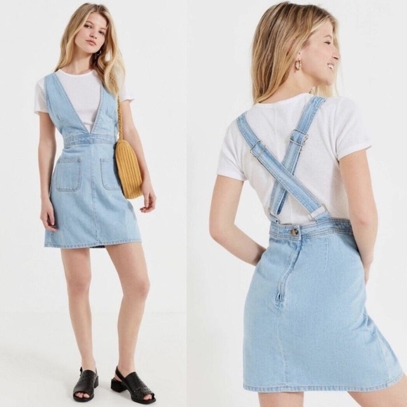 Urban Outfitters Dresses & Skirts - URBAN OUTFITTERS BDG Size 10 Plunging V-neck Denim Pinafore Overalls Dress